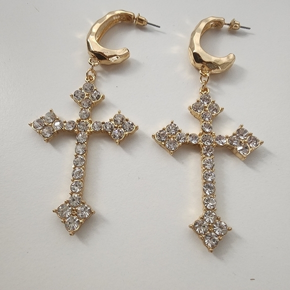 NEW Golden Embellished Statement Cross Hoop Earrings - Picture 6 of 8